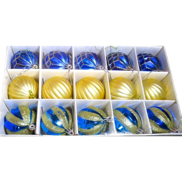 Set of 30 Blue and Gold Christmas Ornaments Glass Round Baubles Swirl Glitter - Picture 3 of 4